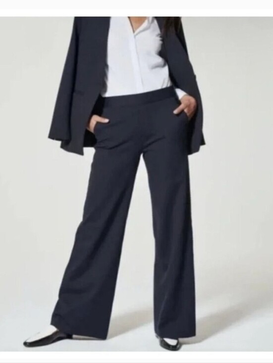 SPANX Pants - Spanx PerfectFit Wide Leg Ponte Dress Pants Navy Gray Pinstripe Size Medium